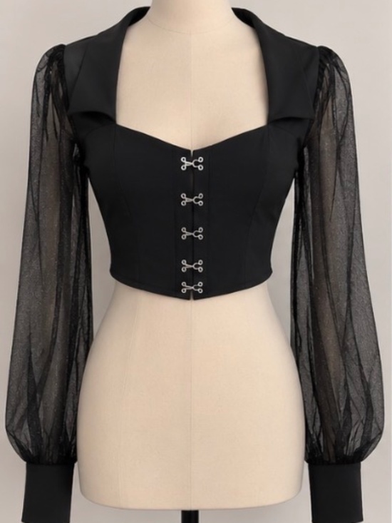 Tops - Black mesh sleeve cropped top